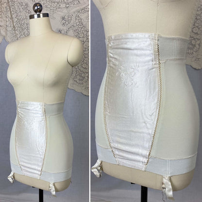 Vintage 1950's Girdle | White Satin with Clover Embroidery & Elastic Mesh | Size XS, S | Jantzen - Daggers & Dames