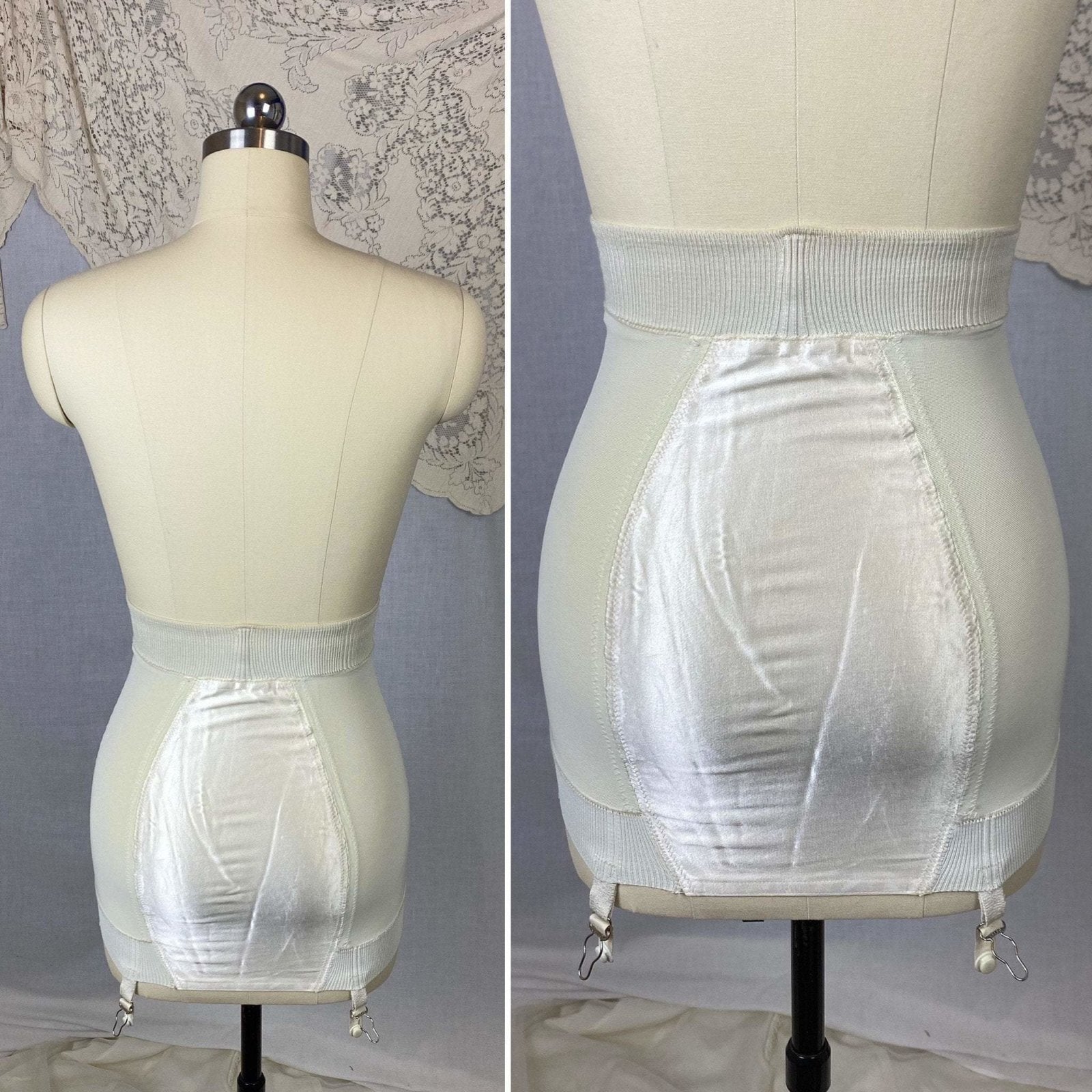 Vintage 1950's Girdle | White Satin with Clover Embroidery & Elastic Mesh | Size XS, S | Jantzen - Daggers & Dames