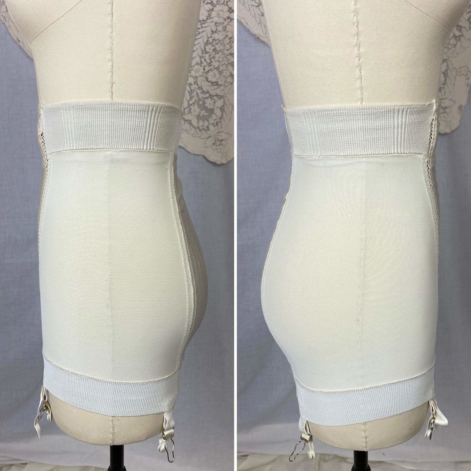 Vintage 1950's Girdle | White Satin with Clover Embroidery & Elastic Mesh | Size XS, S | Jantzen - Daggers & Dames