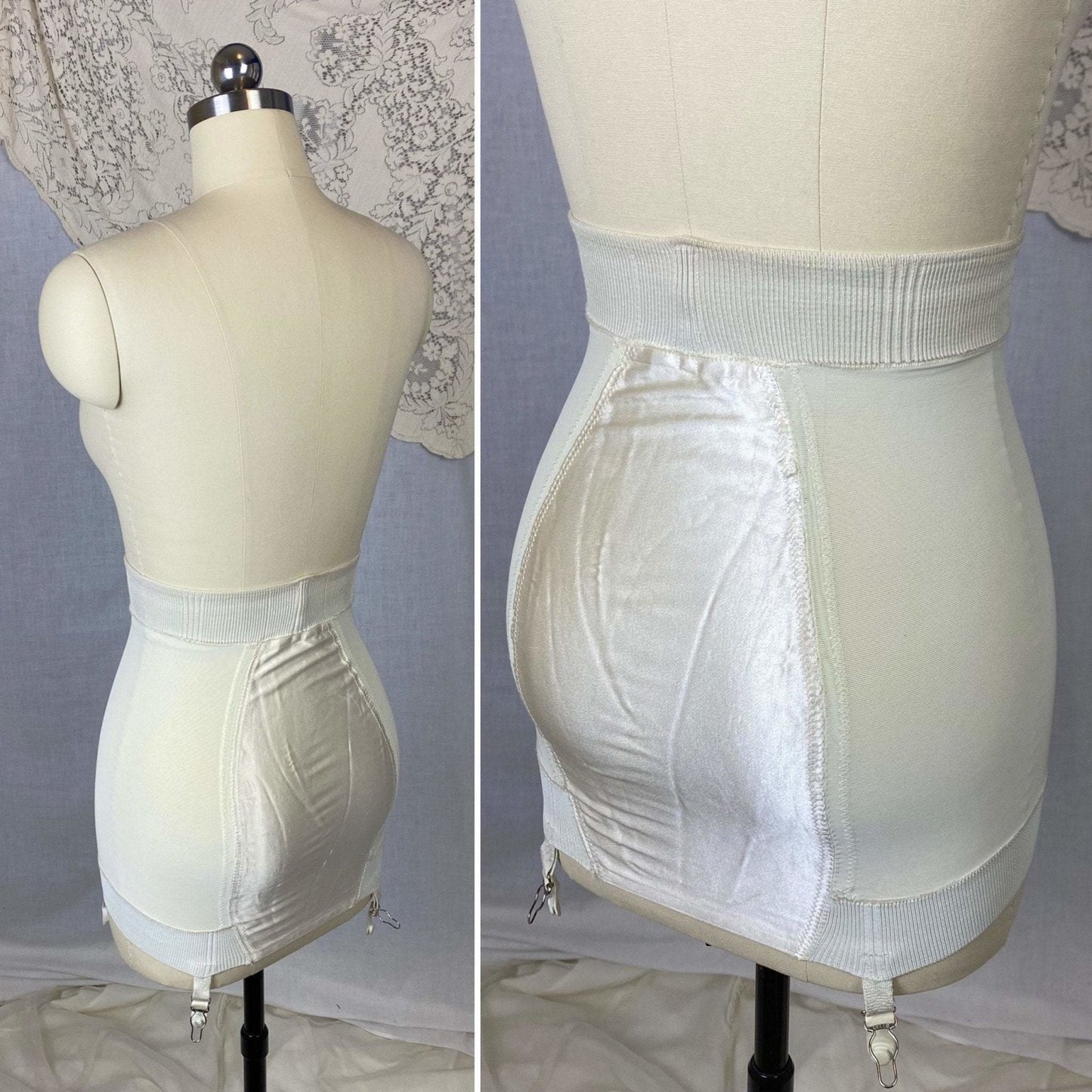 Vintage 1950's Girdle | White Satin with Clover Embroidery & Elastic Mesh | Size XS, S | Jantzen - Daggers & Dames