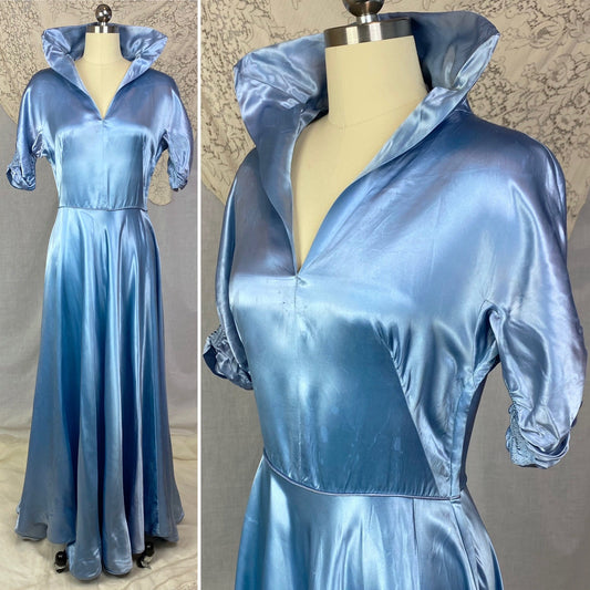 Vintage 1950's Hostess Gown | Sky Blue Acetate Satin with High Wired Collar & Ruched Sleeves | Size S, M - Daggers & Dames