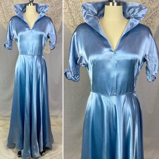 Vintage 1950's Hostess Gown | Sky Blue Acetate Satin with High Wired Collar & Ruched Sleeves | Size S, M - Daggers & Dames