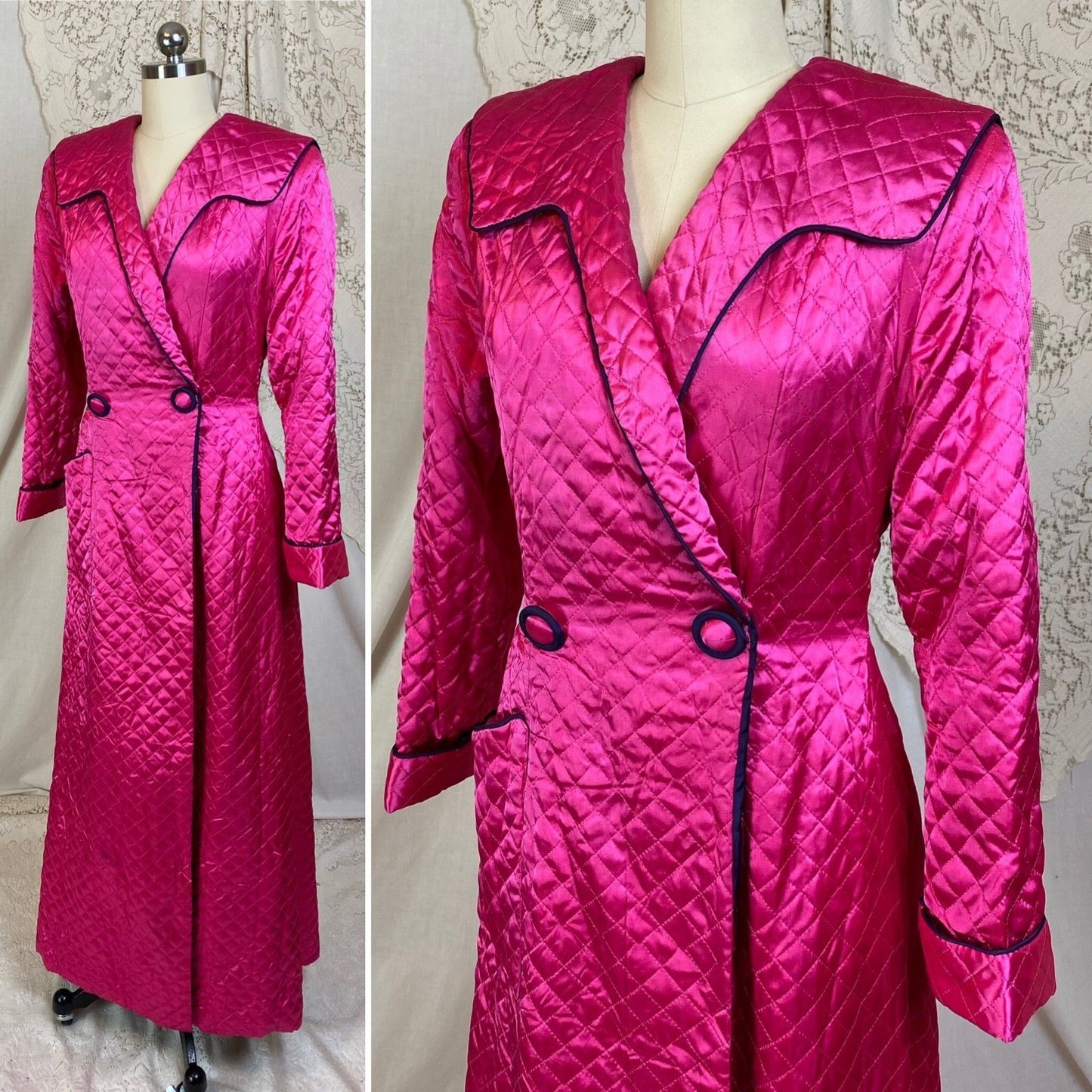 Vintage 1950's Housecoat Robe | Bold Magenta Pink Quilted Rayon Satin with Deep Eggplant Purple Lining | Size M | Diana Dean Originals - Daggers & Dames