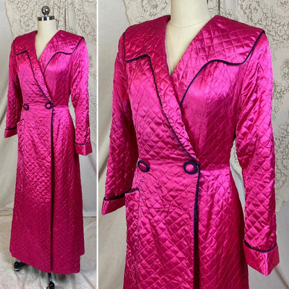 Vintage 1950's Housecoat Robe | Bold Magenta Pink Quilted Rayon Satin with Deep Eggplant Purple Lining | Size M | Diana Dean Originals - Daggers & Dames