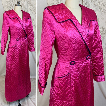Vintage 1950's Housecoat Robe | Bold Magenta Pink Quilted Rayon Satin with Deep Eggplant Purple Lining | Size M | Diana Dean Originals - Daggers & Dames