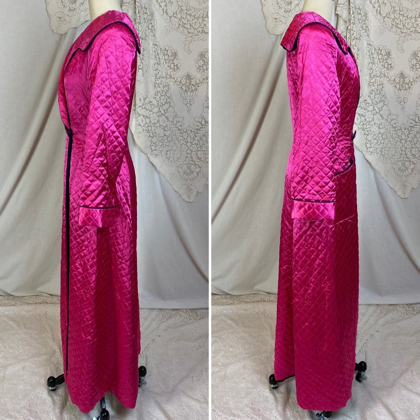 Vintage 1950's Housecoat Robe | Bold Magenta Pink Quilted Rayon Satin with Deep Eggplant Purple Lining | Size M | Diana Dean Originals - Daggers & Dames