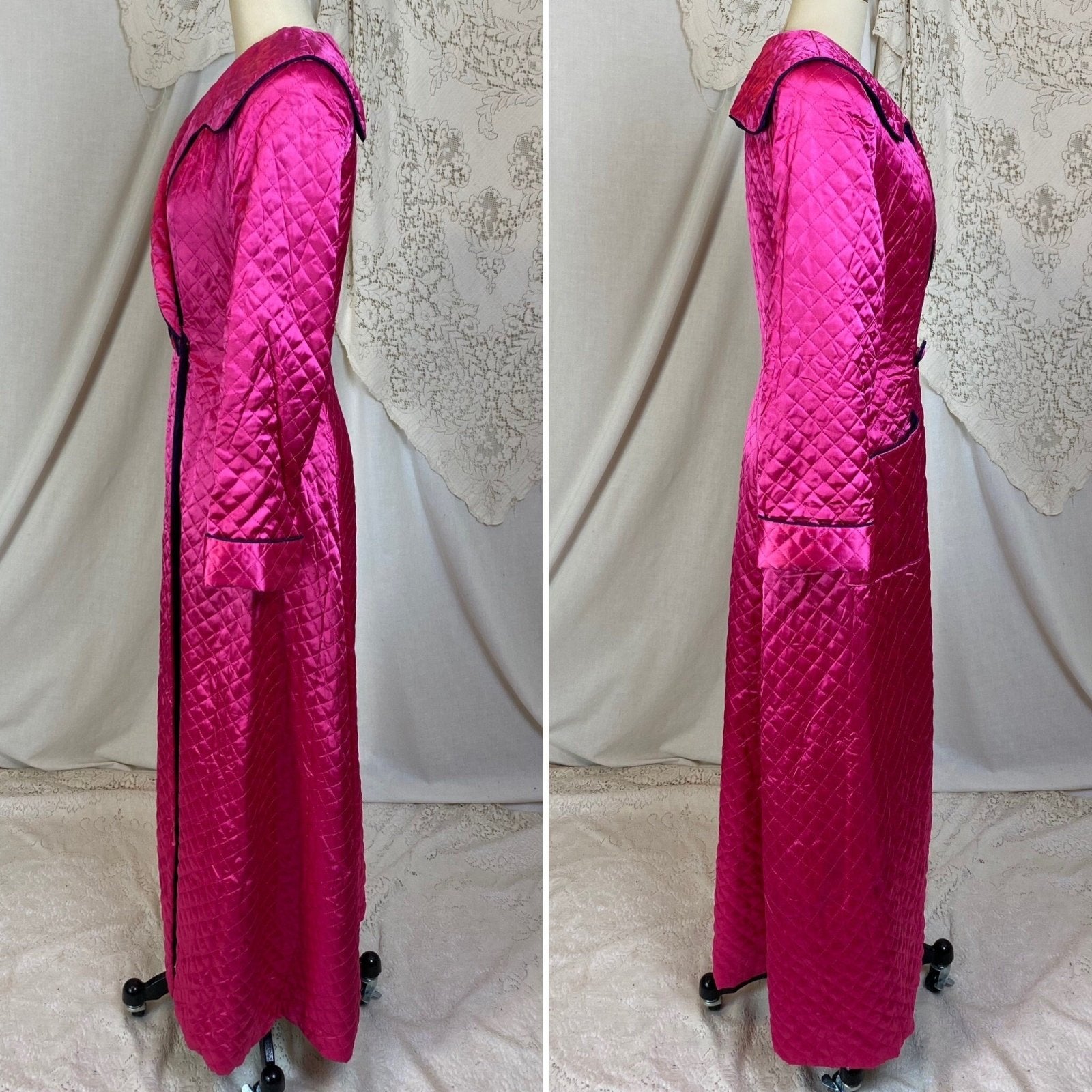 Vintage 1950's Housecoat Robe | Bold Magenta Pink Quilted Rayon Satin with Deep Eggplant Purple Lining | Size M | Diana Dean Originals - Daggers & Dames