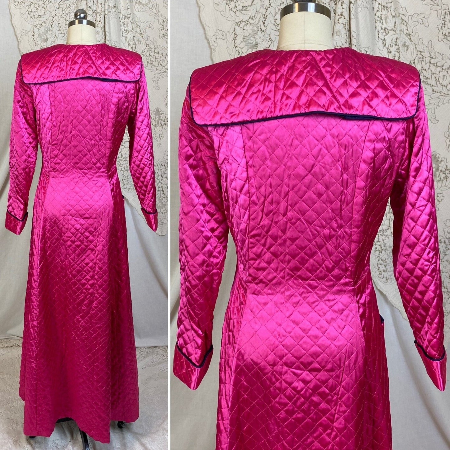 Vintage 1950's Housecoat Robe | Bold Magenta Pink Quilted Rayon Satin with Deep Eggplant Purple Lining | Size M | Diana Dean Originals - Daggers & Dames