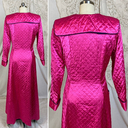 Vintage 1950's Housecoat Robe | Bold Magenta Pink Quilted Rayon Satin with Deep Eggplant Purple Lining | Size M | Diana Dean Originals - Daggers & Dames