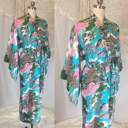 Vintage 1950's Japanese Kimono | Crisp Turquoise Blue Cotton with Scenic Print | Size Free - Daggers & Dames