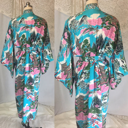 Vintage 1950's Japanese Kimono | Crisp Turquoise Blue Cotton with Scenic Print | Size Free - Daggers & Dames
