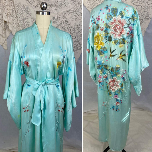 Vintage 1950's Japanese Kimono | Sky Blue Silk with Hand Embroidered Floral Pattern | Size Free -As Is - Daggers & Dames