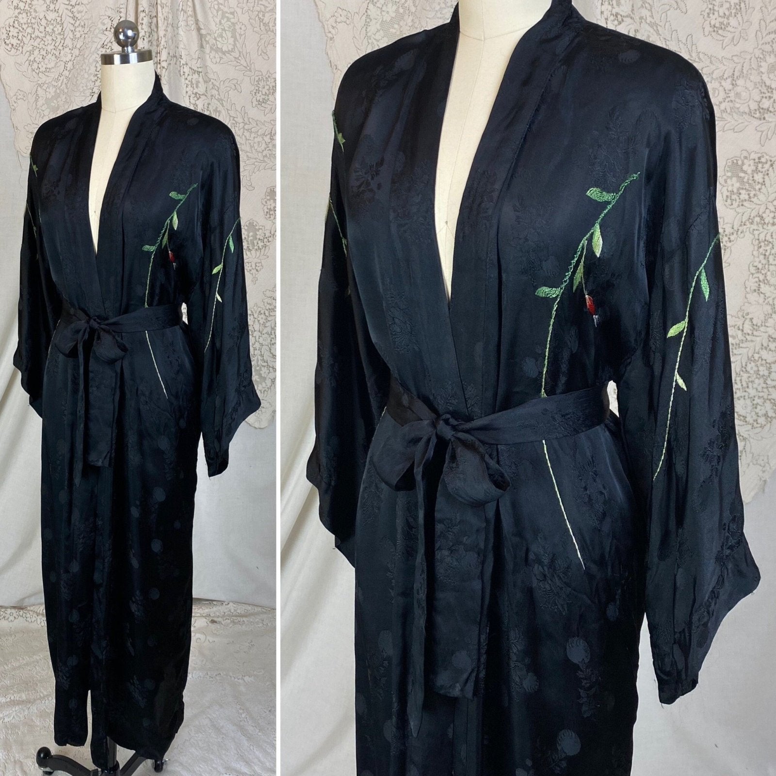 Vintage 1950's Japanese Robe | Silky Black Satin Damask with Elaborate Floral Embroidery | Size S, M, LG - Daggers & Dames