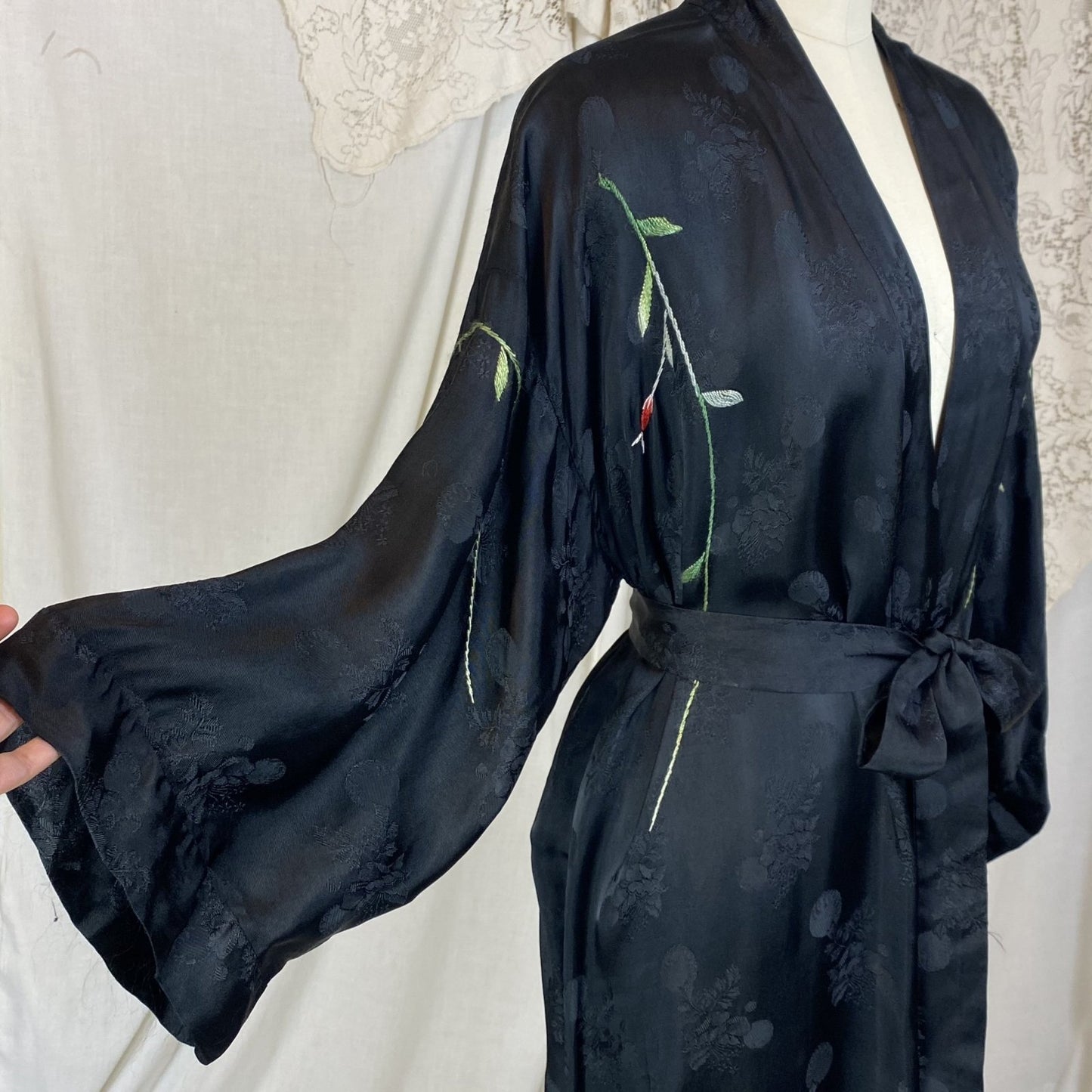 Vintage 1950's Japanese Robe | Silky Black Satin Damask with Elaborate Floral Embroidery | Size S, M, LG - Daggers & Dames