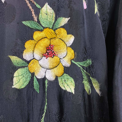 Vintage 1950's Japanese Robe | Silky Black Satin Damask with Elaborate Floral Embroidery | Size S, M, LG - Daggers & Dames