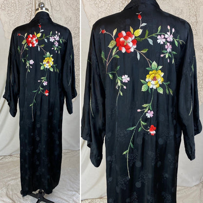 Vintage 1950's Japanese Robe | Silky Black Satin Damask with Elaborate Floral Embroidery | Size S, M, LG - Daggers & Dames