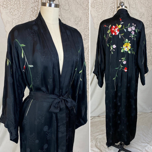 Vintage 1950's Japanese Robe | Silky Black Satin Damask with Elaborate Floral Embroidery | Size S, M, LG - Daggers & Dames