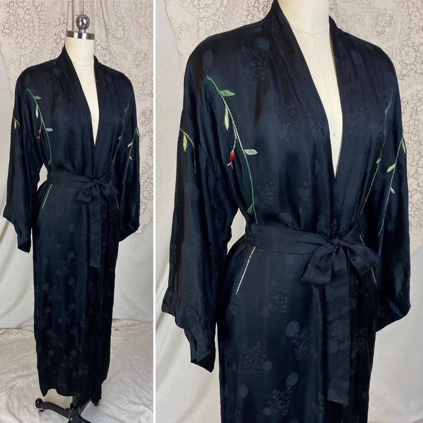 Vintage 1950's Japanese Robe | Silky Black Satin Damask with Elaborate Floral Embroidery | Size S, M, LG - Daggers & Dames