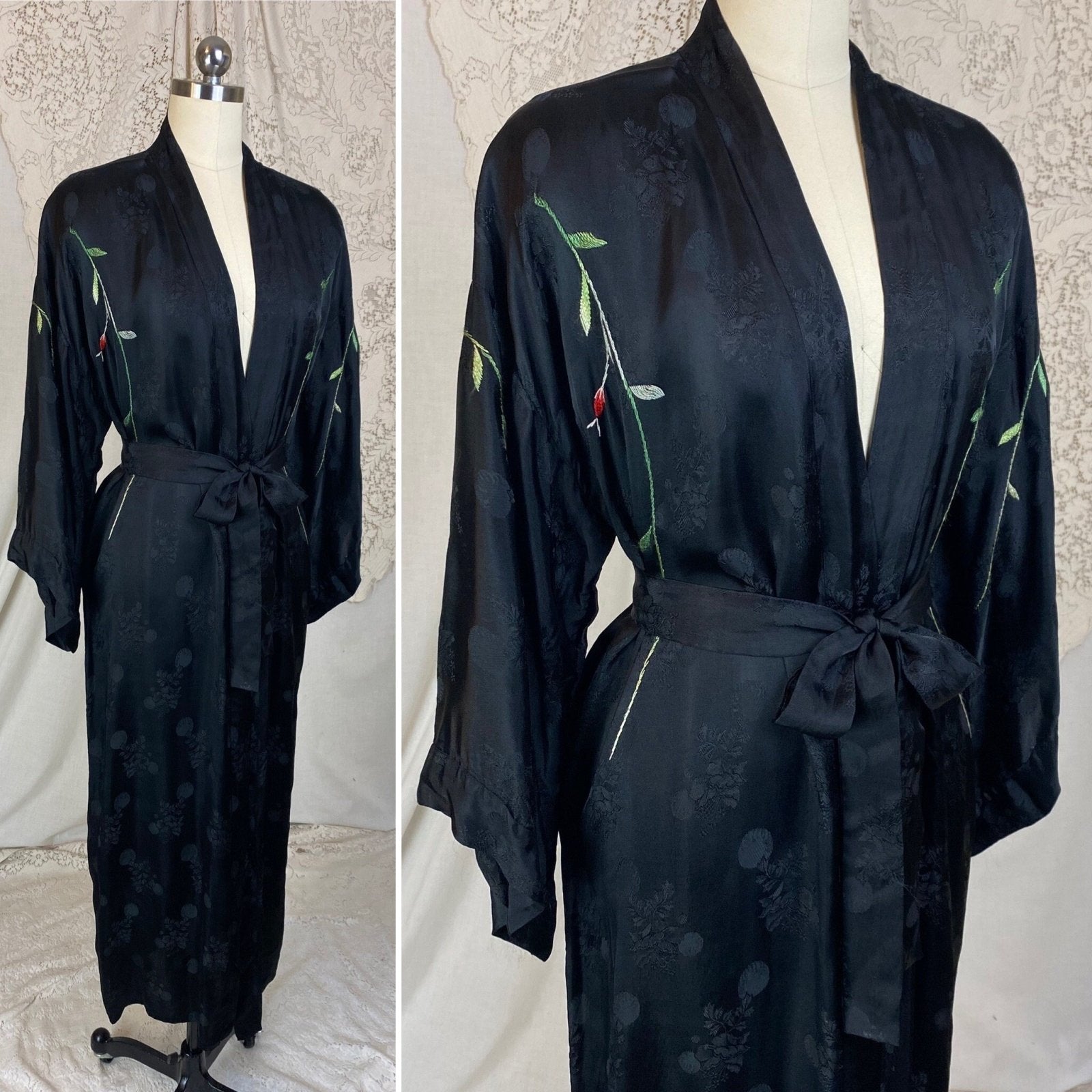 Vintage 1950's Japanese Robe | Silky Black Satin Damask with Elaborate Floral Embroidery | Size S, M, LG - Daggers & Dames
