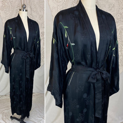 Vintage 1950's Japanese Robe | Silky Black Satin Damask with Elaborate Floral Embroidery | Size S, M, LG - Daggers & Dames