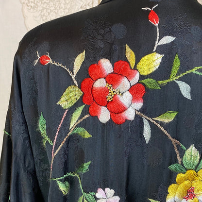 Vintage 1950's Japanese Robe | Silky Black Satin Damask with Elaborate Floral Embroidery | Size S, M, LG - Daggers & Dames