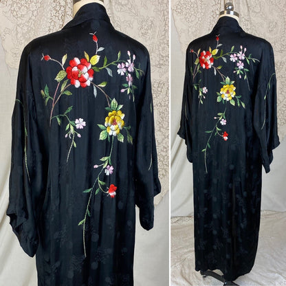 Vintage 1950's Japanese Robe | Silky Black Satin Damask with Elaborate Floral Embroidery | Size S, M, LG - Daggers & Dames
