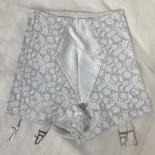 Vintage 1950's Long Leg Panty Girdle | White Floral Cotton Lace with Garters & Open Crotch | Size XS | Olga - Daggers & Dames