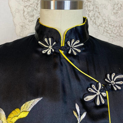Vintage 1950's Lounge Pajama Set | Black Silk with Yellow & White Embroidery | Size S, M - Daggers & Dames