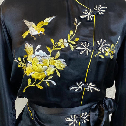 Vintage 1950's Lounge Pajama Set | Black Silk with Yellow & White Embroidery | Size S, M - Daggers & Dames