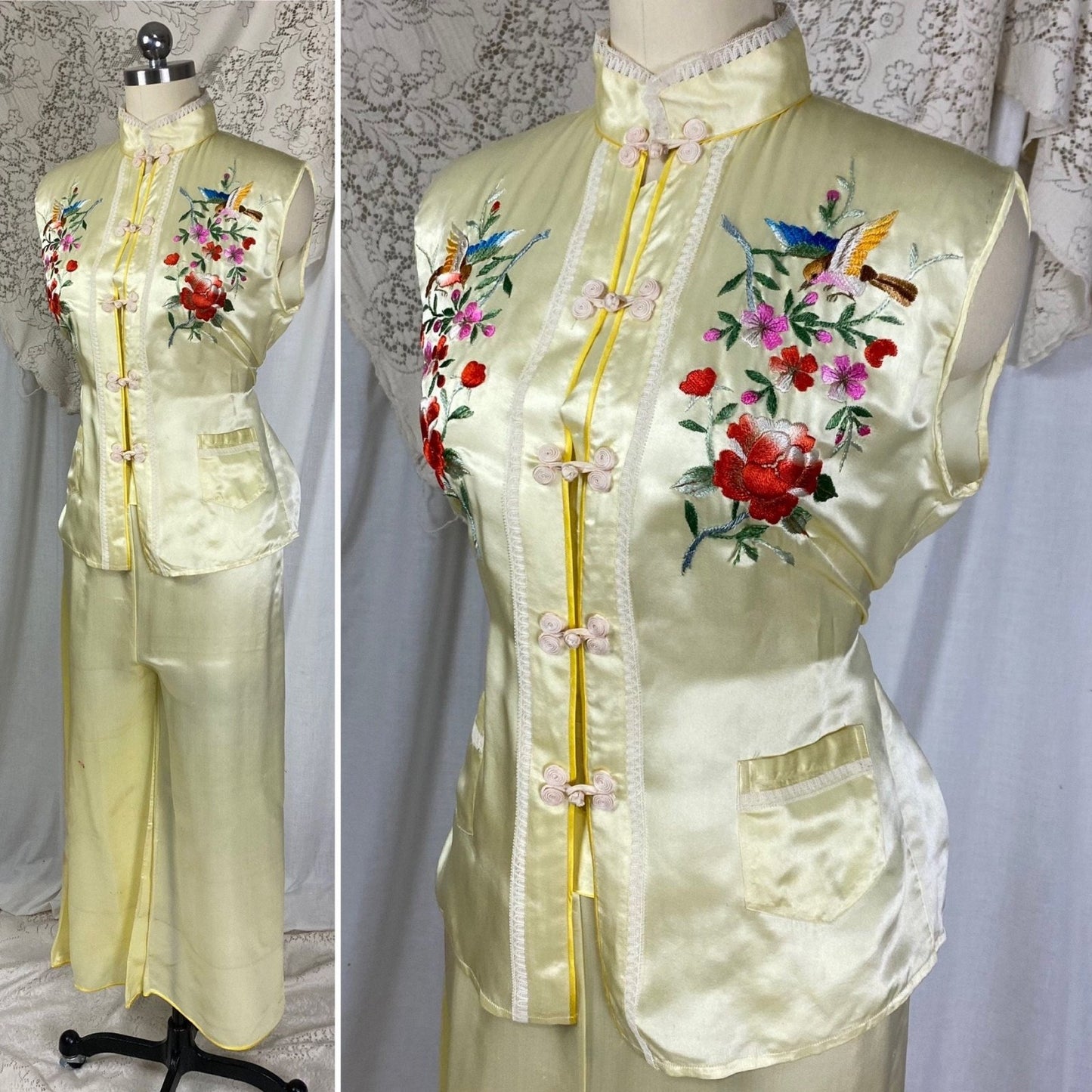 Vintage 1950's Lounge Pajama Set | Pale Yellow Silk with Bold Floral Raised Embroidery & Frog Buttons | Size XS, S, M - Daggers & Dames