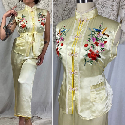 Vintage 1950's Lounge Pajama Set | Pale Yellow Silk with Bold Floral Raised Embroidery & Frog Buttons | Size XS, S, M - Daggers & Dames