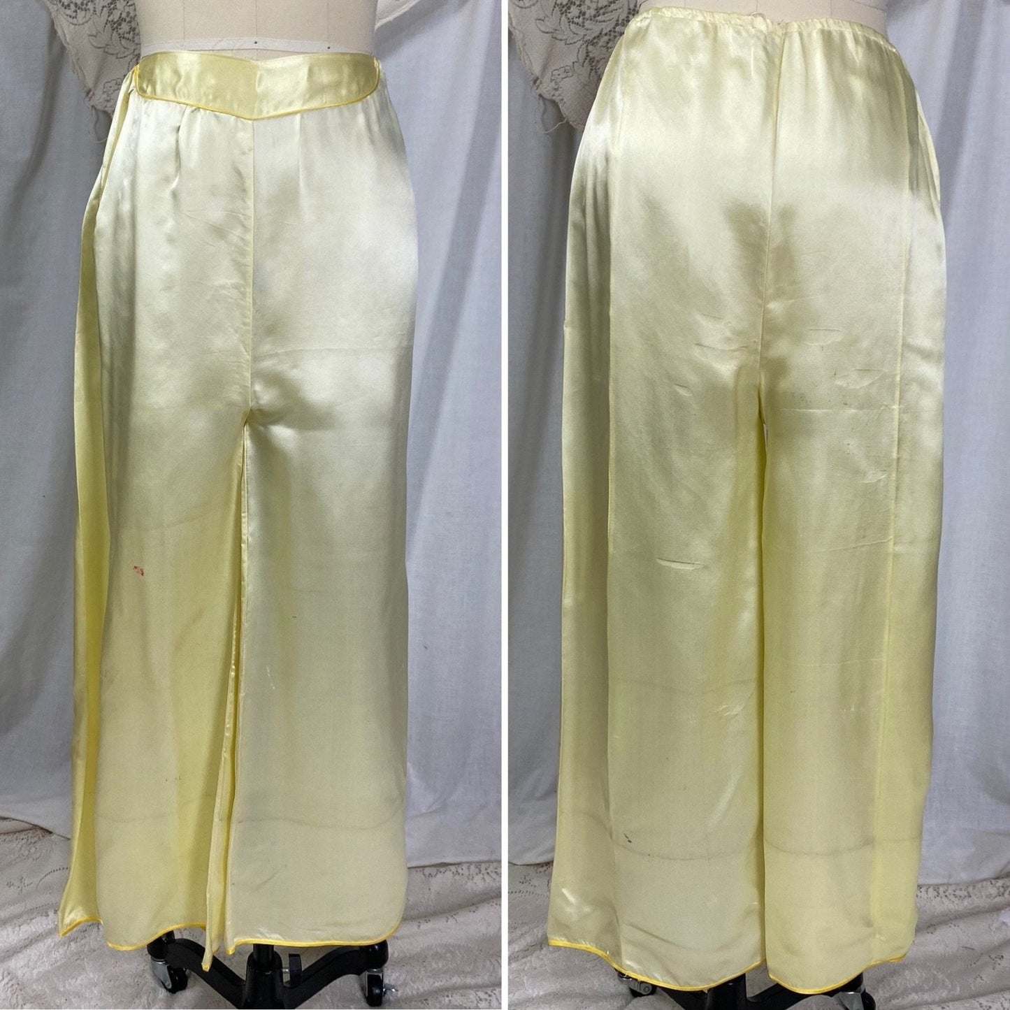 Vintage 1950's Lounge Pajama Set | Pale Yellow Silk with Bold Floral Raised Embroidery & Frog Buttons | Size XS, S, M - Daggers & Dames