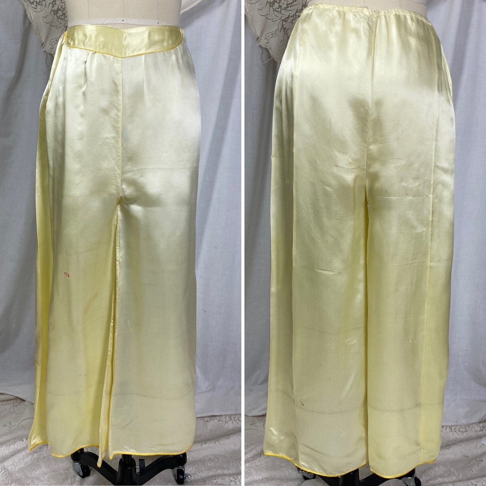 Vintage 1950's Lounge Pajama Set | Pale Yellow Silk with Bold Floral Raised Embroidery & Frog Buttons | Size XS, S, M - Daggers & Dames