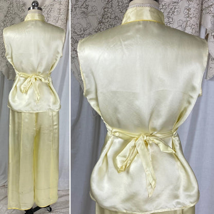 Vintage 1950's Lounge Pajama Set | Pale Yellow Silk with Bold Floral Raised Embroidery & Frog Buttons | Size XS, S, M - Daggers & Dames