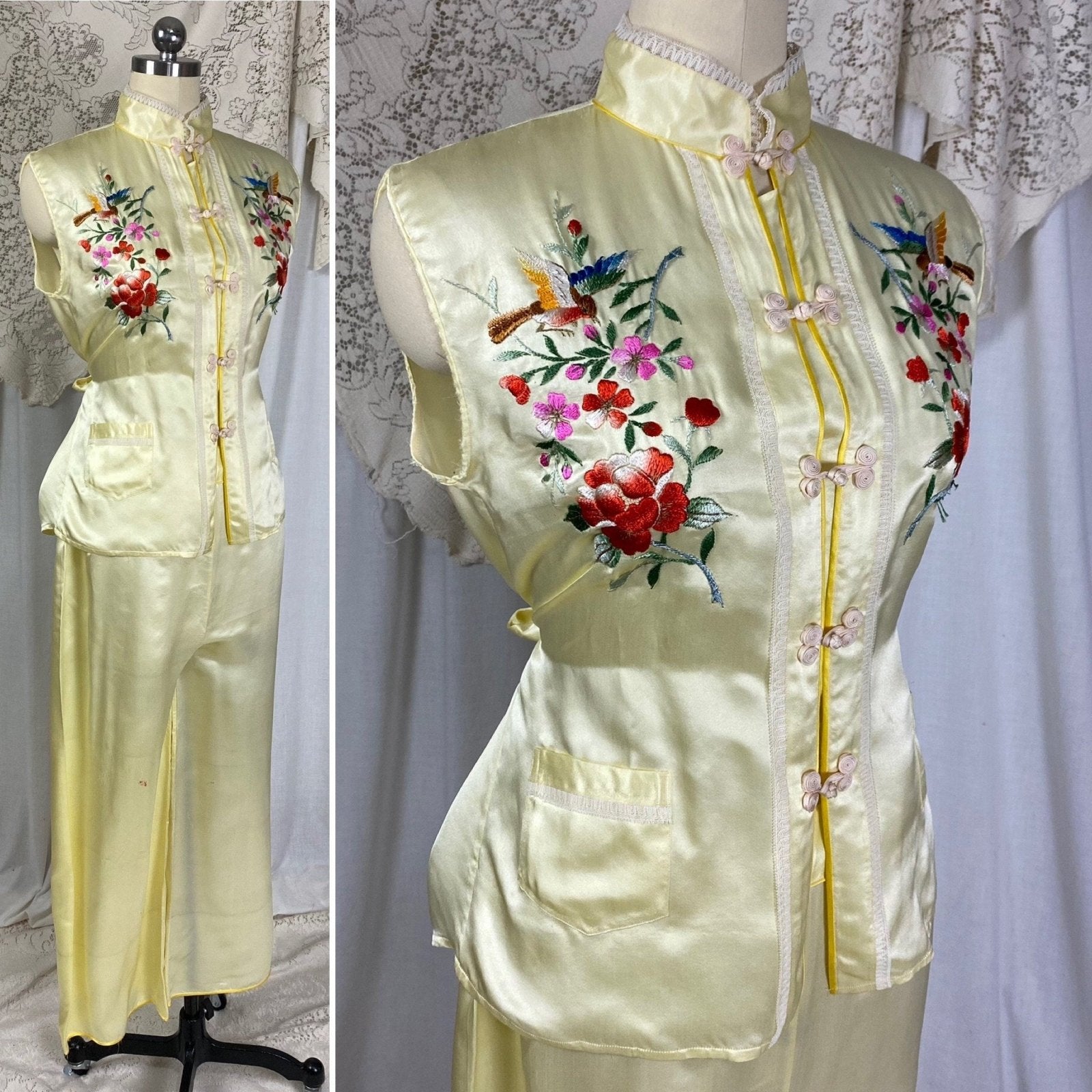 Vintage 1950's Lounge Pajama Set | Pale Yellow Silk with Bold Floral Raised Embroidery & Frog Buttons | Size XS, S, M - Daggers & Dames