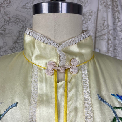 Vintage 1950's Lounge Pajama Set | Pale Yellow Silk with Bold Floral Raised Embroidery & Frog Buttons | Size XS, S, M - Daggers & Dames