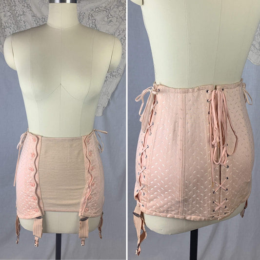 Vintage 1950's Maternity Girdle | Light Baby Pink Satin Damask with Button Closure & Corset Lacing | Made in France | Size SM, M, LG - Daggers & Dames