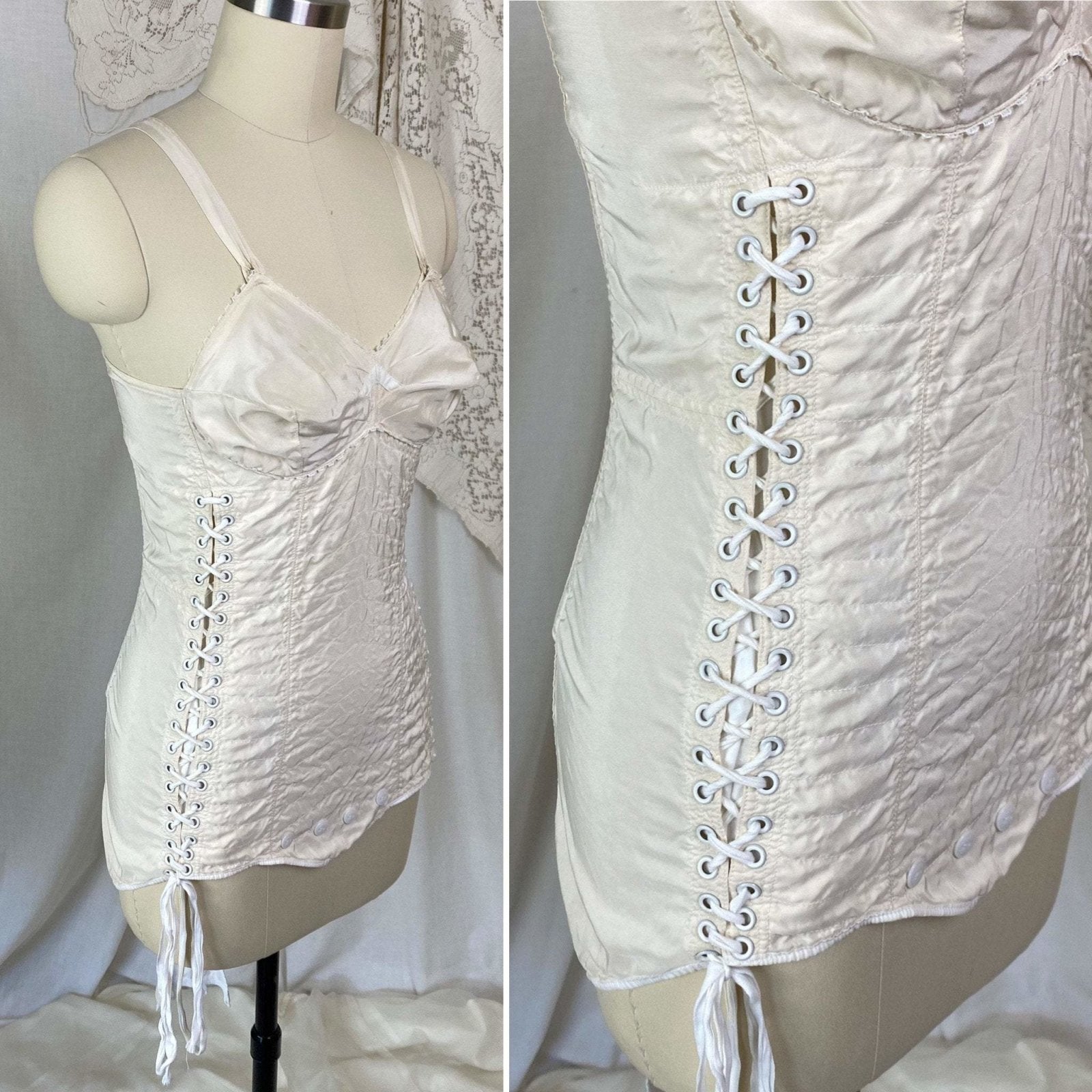 Vintage 1950's Maternity Girdle | Pale Nude Quilted Rayon Blend with Corset Lacing & Detachable Bust | Size XS - Daggers & Dames
