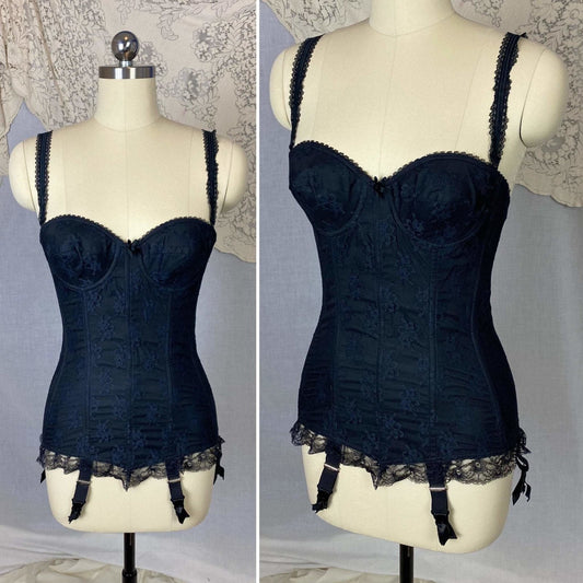 Vintage 1950's Merry Widow | Black Nylon Taffeta with Sheer Floral Lace Overlay & Velvet Lining | Size 32 B, 34 A | Escora, Made in Germany - Daggers & Dames