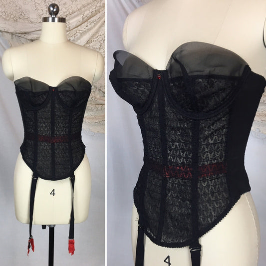 Vintage 1950's Merry Widow | Sheer Black Embroidered Nylon with Red Satin Ribbon & Detachable Garters | Warner's Original | Size 34 C, D - Daggers & Dames