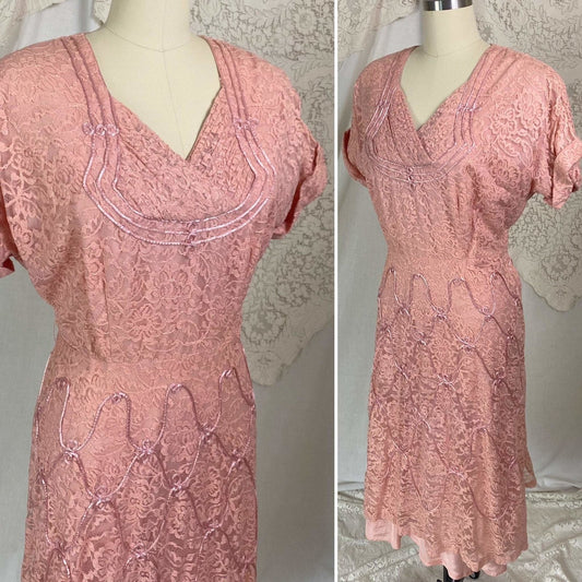 Vintage 1950's Midi Dress | Blush Pink Lace with Rayon Taffeta Lining | Size LG | Form Fit - Daggers & Dames
