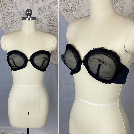 Vintage 1950's Monowire Bra | Black Mesh with Ruffled Lace | Size 32 C, 34 B - Daggers & Dames