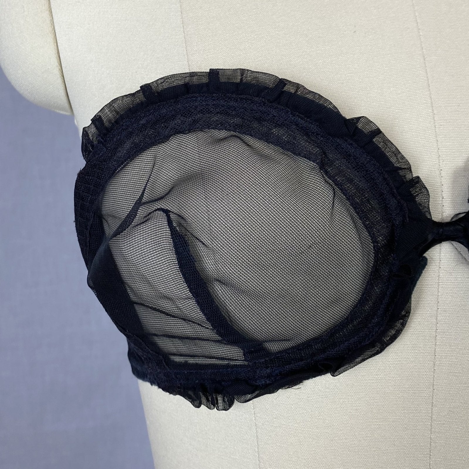 Vintage 1950's Monowire Bra | Black Mesh with Ruffled Lace | Size 32 C, 34 B - Daggers & Dames