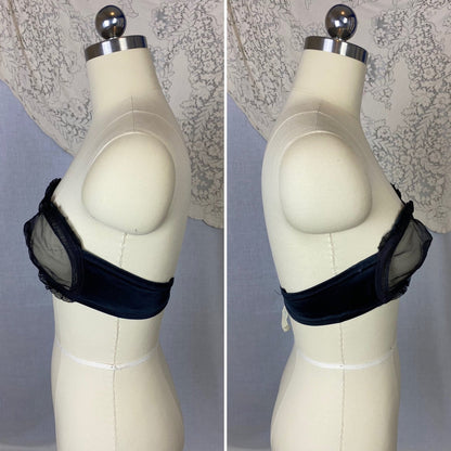 Vintage 1950's Monowire Bra | Black Mesh with Ruffled Lace | Size 32 C, 34 B - Daggers & Dames