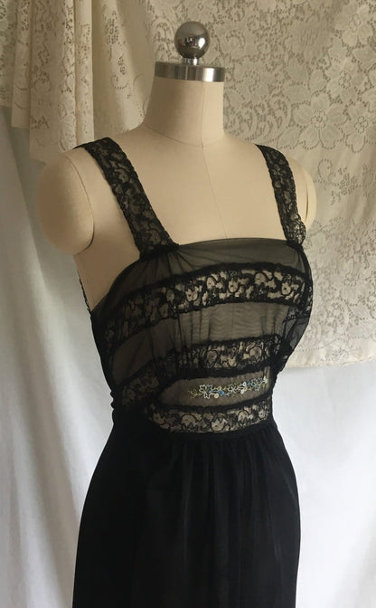 Vintage 1950's Nightgown | Black Nylon with Sheer Embroidered Tulle Bodice | Bias Cut Lingerie | Maxi Dress | Size S - Daggers & Dames