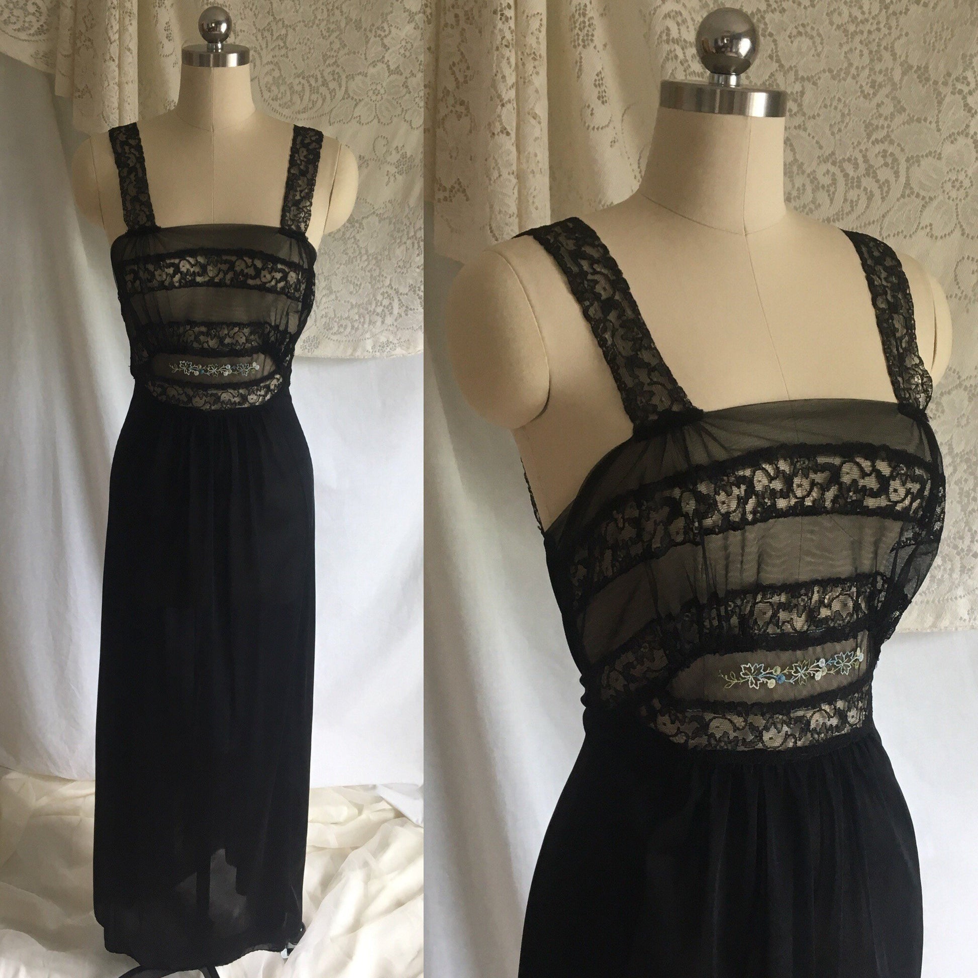 Vintage 1950's Nightgown | Black Nylon with Sheer Embroidered Tulle Bodice | Bias Cut Lingerie | Maxi Dress | Size S - Daggers & Dames