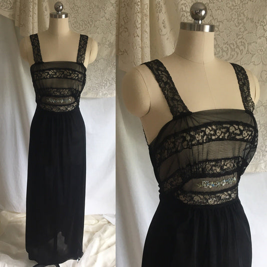 Vintage 1950's Nightgown | Black Nylon with Sheer Embroidered Tulle Bodice | Bias Cut Lingerie | Maxi Dress | Size S - Daggers & Dames