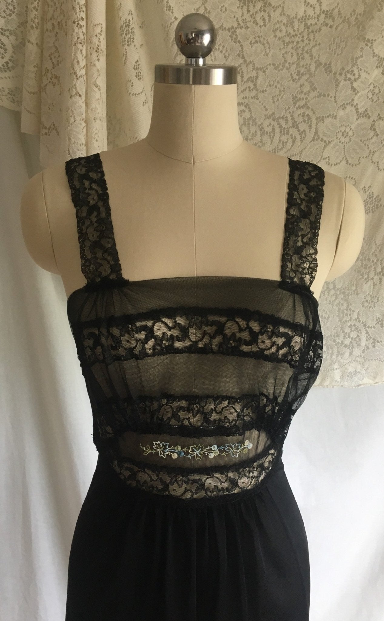 Vintage 1950's Nightgown | Black Nylon with Sheer Embroidered Tulle Bodice | Bias Cut Lingerie | Maxi Dress | Size S - Daggers & Dames