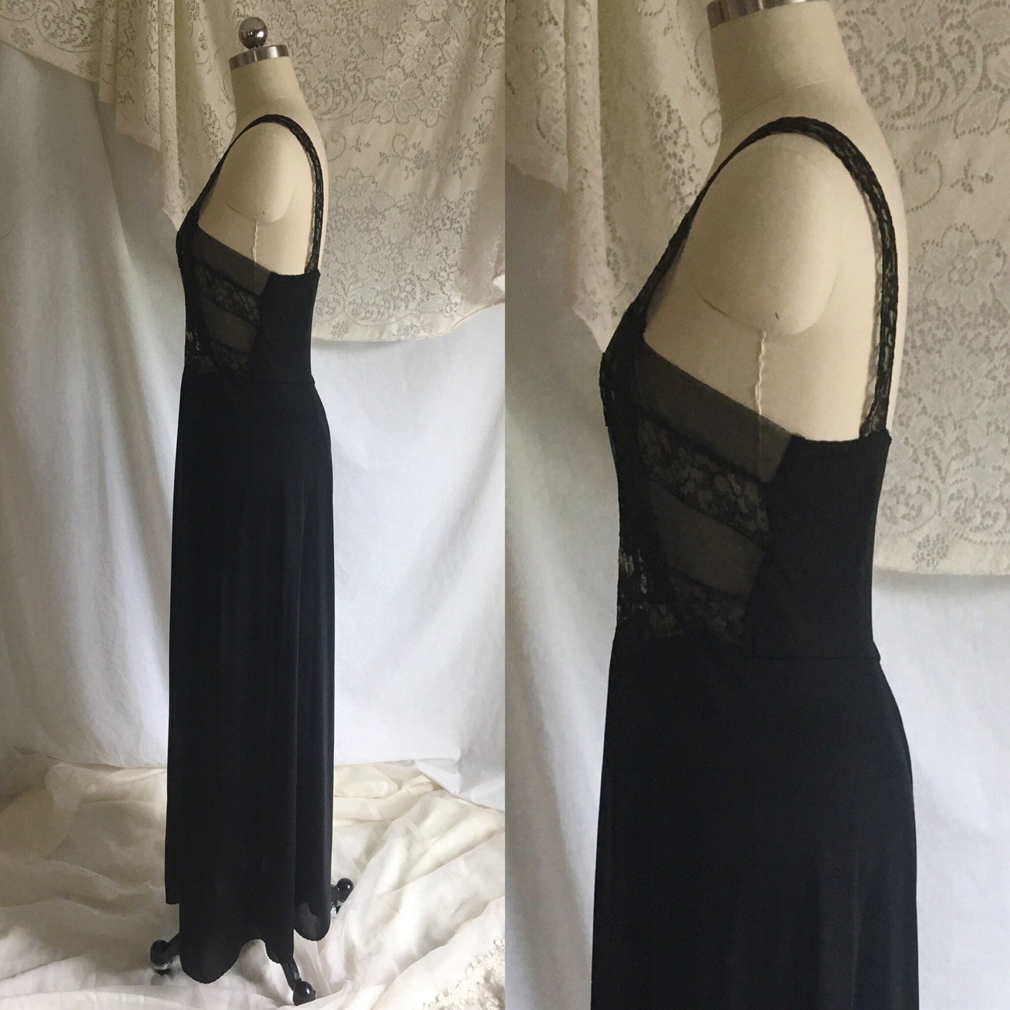 Vintage 1950's Nightgown | Black Nylon with Sheer Embroidered Tulle Bodice | Bias Cut Lingerie | Maxi Dress | Size S - Daggers & Dames