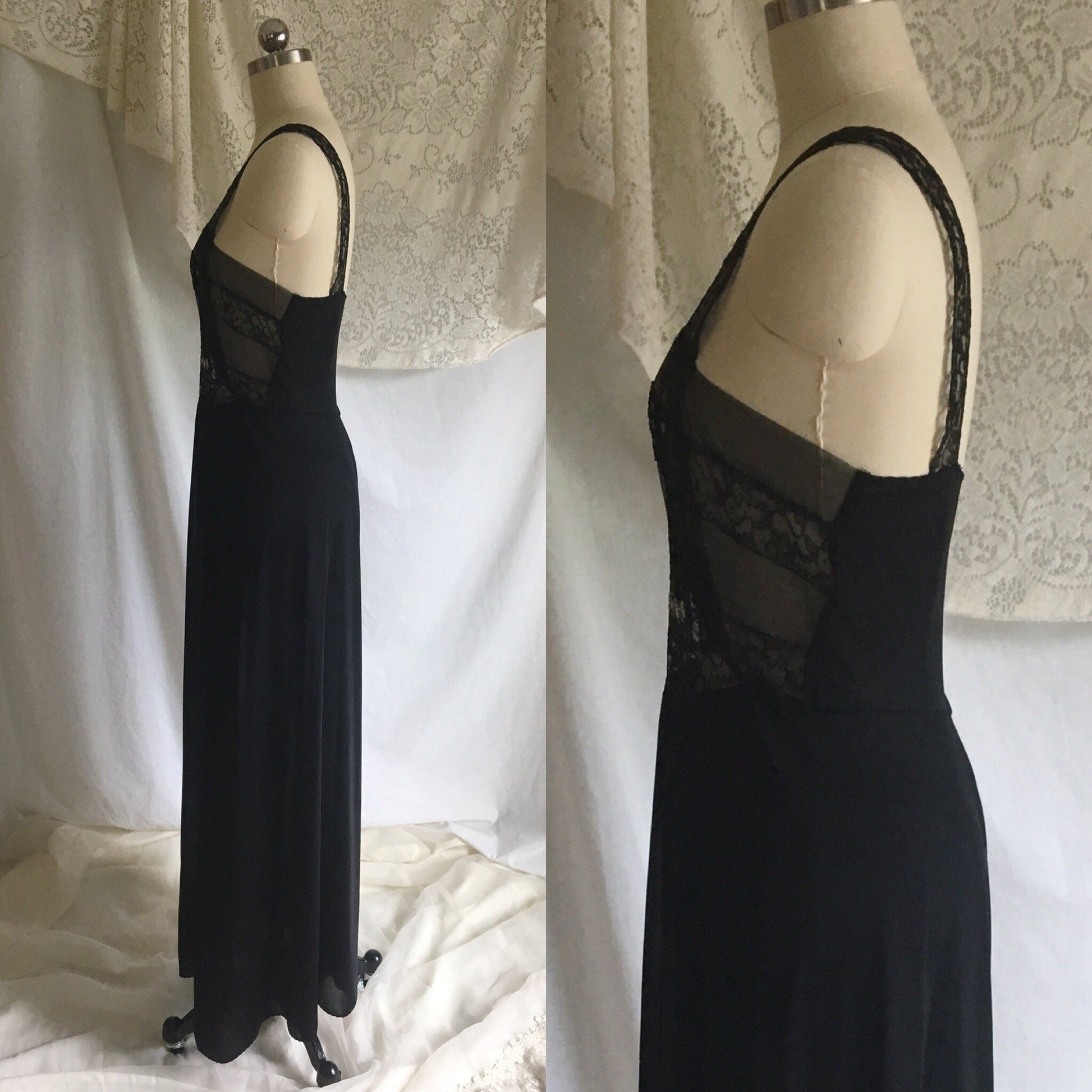 Vintage 1950's Nightgown | Black Nylon with Sheer Embroidered Tulle Bodice | Bias Cut Lingerie | Maxi Dress | Size S - Daggers & Dames
